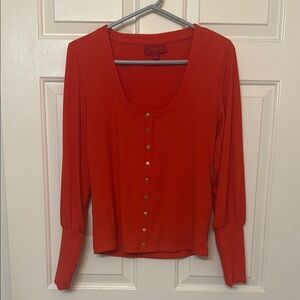 Jennifer Lopez Red Ribbed Scoop Neck Button-Front Long Sleeve Top